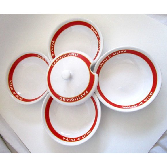 Pottery Barn Parmigiano Olio D'Oliva Bowl Set "Vintage Posters" Dip 4 Bowl/1 Lid - Picture 4 of 15